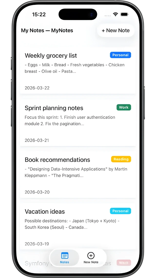 The same Symfony + Bootstrap todo-list app but with Hotwire Native: native title bar, no browser chrome, clean native experience.
