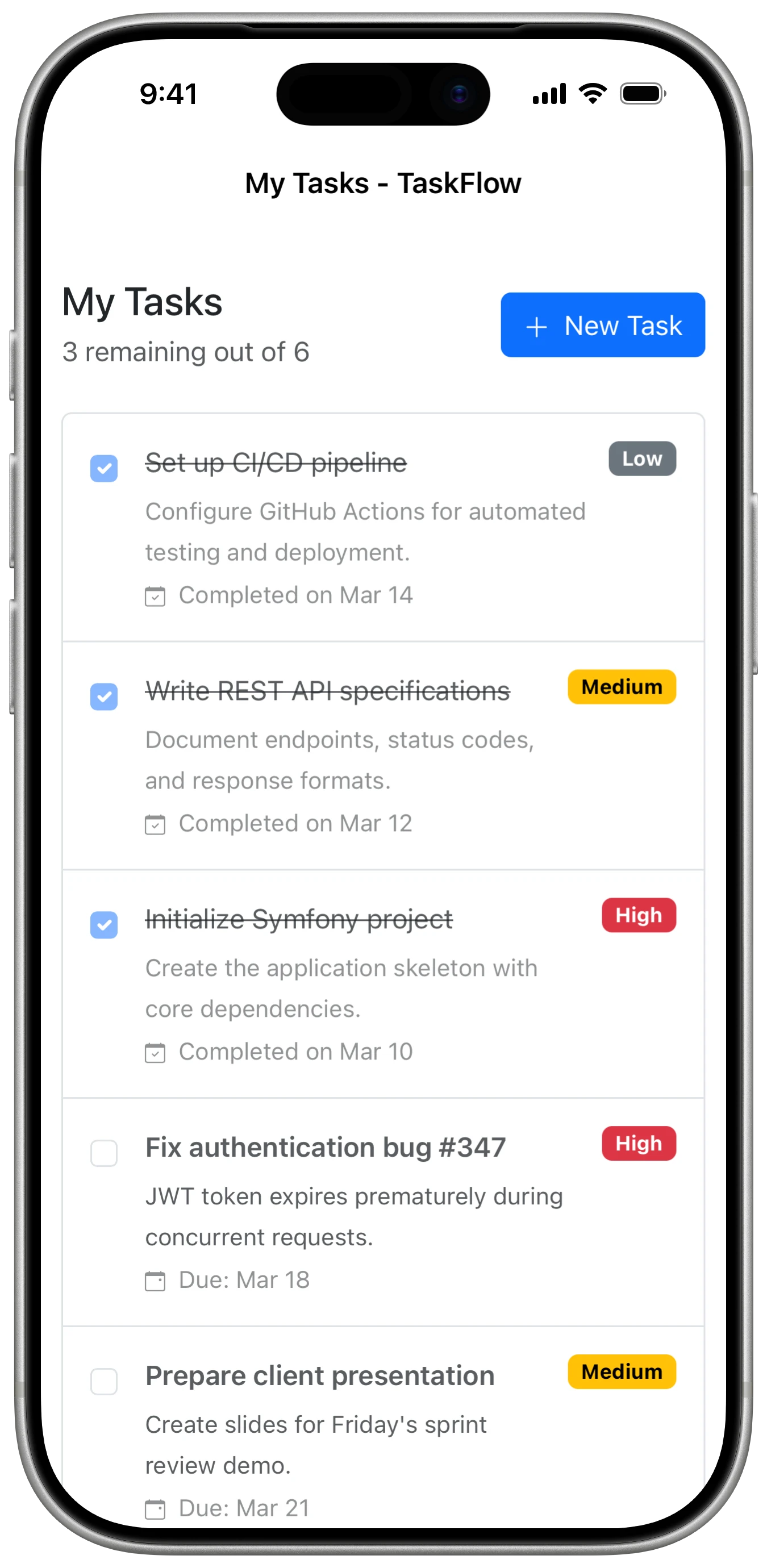 The same Symfony + Bootstrap todo-list app but with Hotwire Native: native title bar, no browser chrome, clean native experience.