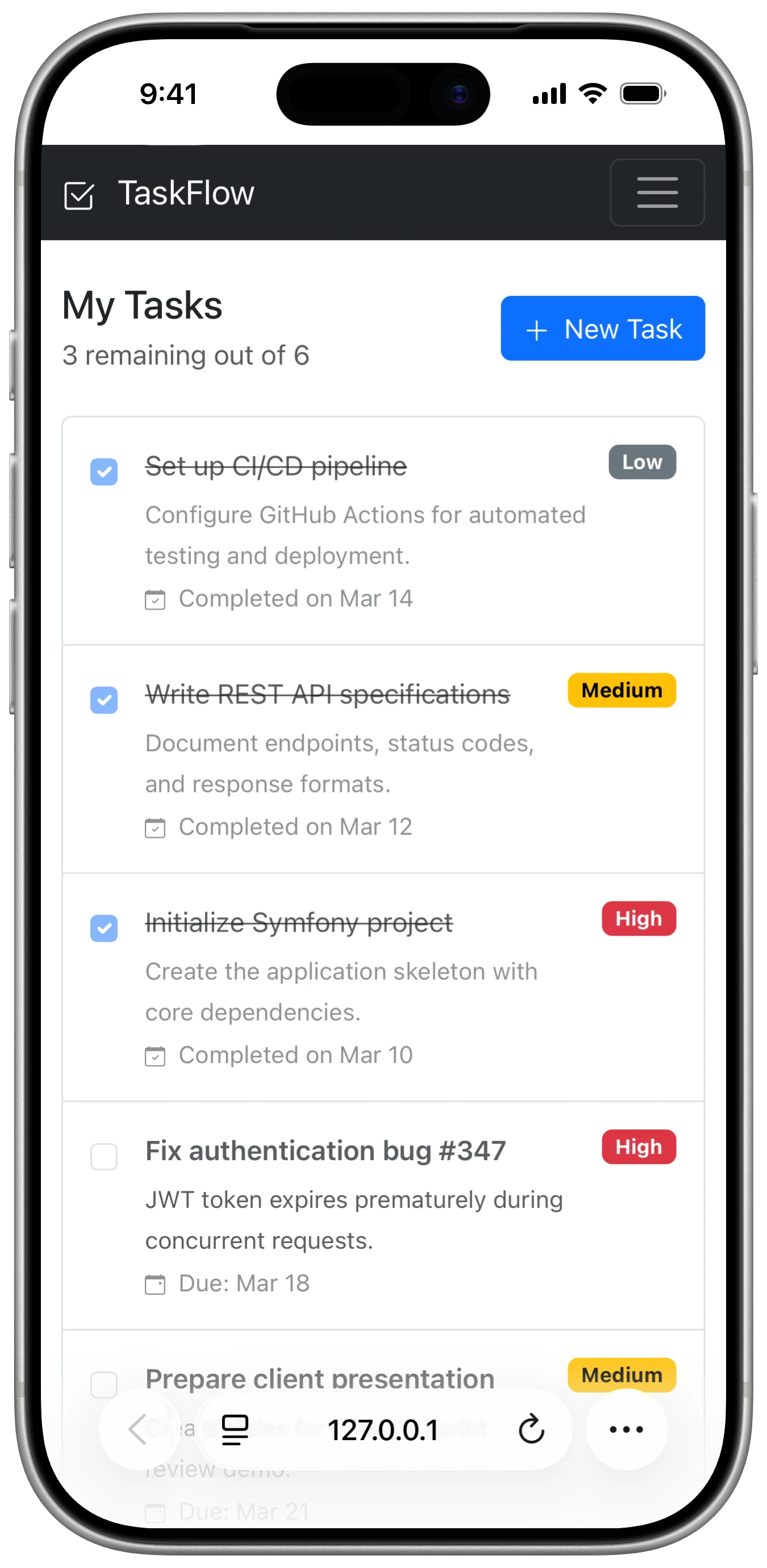 A Symfony + Bootstrap todo-list app displayed inside a mobile browser, with the browser navigation bar and the web navbar visible.